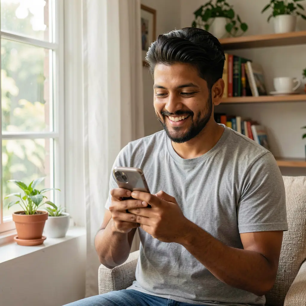 Young Bangladeshi man smiling while checking casino games on the KASH777 mobile app in a bright indoor setting