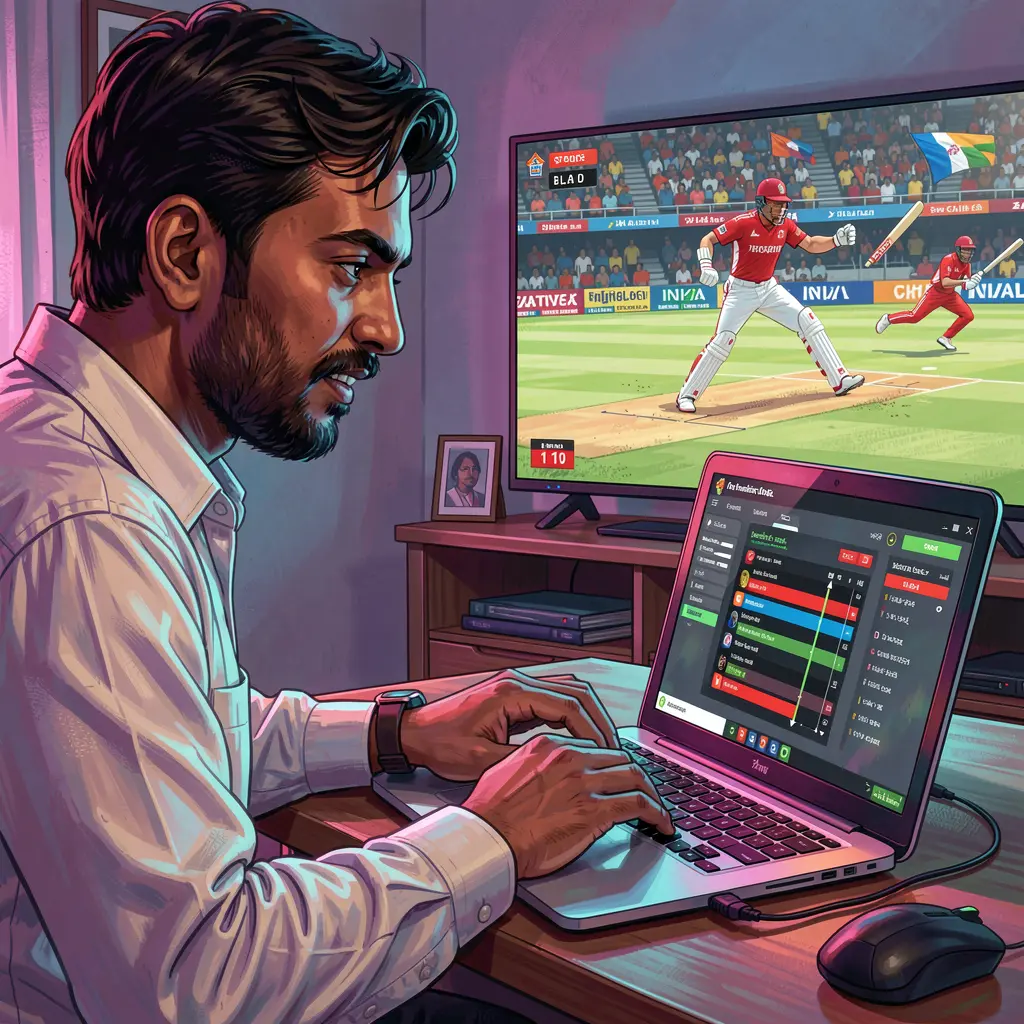 Focused Bangladeshi sports bettor placing live cricket bets on a laptop through KASH777 while watching a match on TV at night