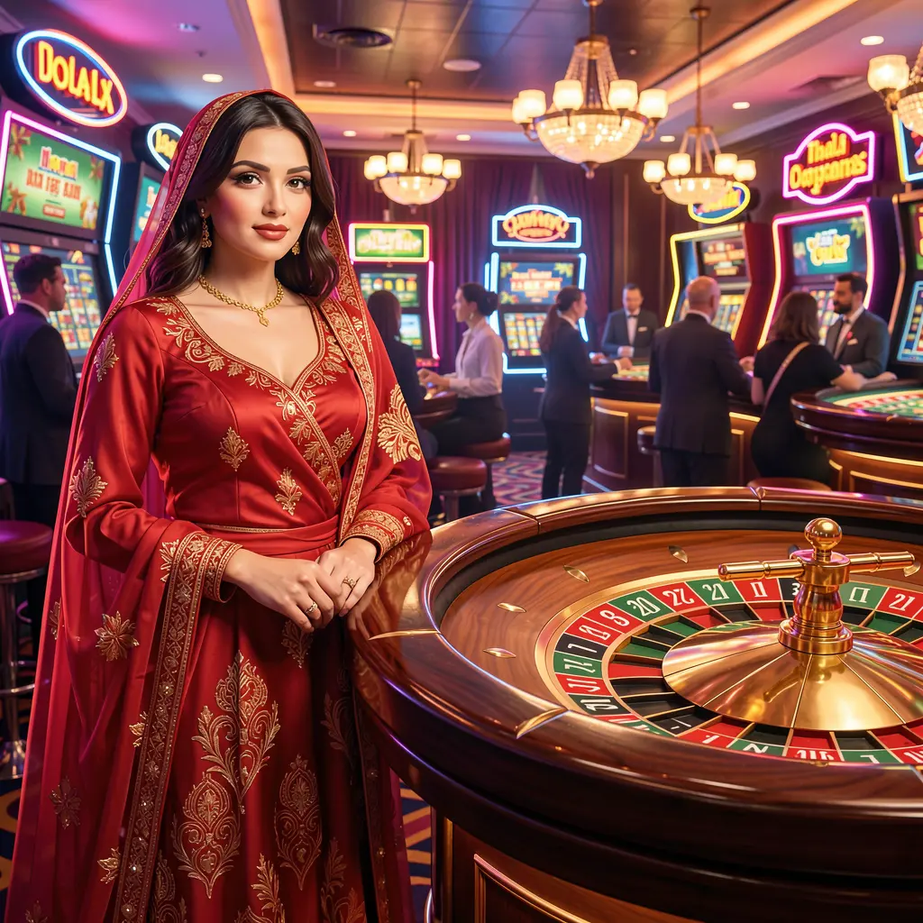 Stylish woman in a red dress standing near a glowing roulette wheel with neon casino lights reflecting the thrilling live casino atmosphere at KASH777 for players in Bangladesh