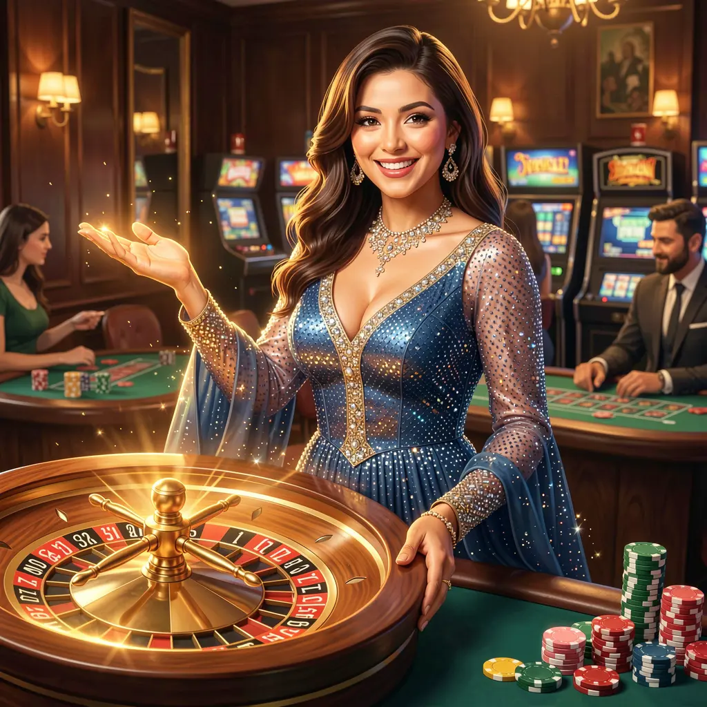 Stylish casino hostess welcoming players to the KASH777 login experience in Bangladesh with vibrant roulette visuals and a premium gaming atmosphere