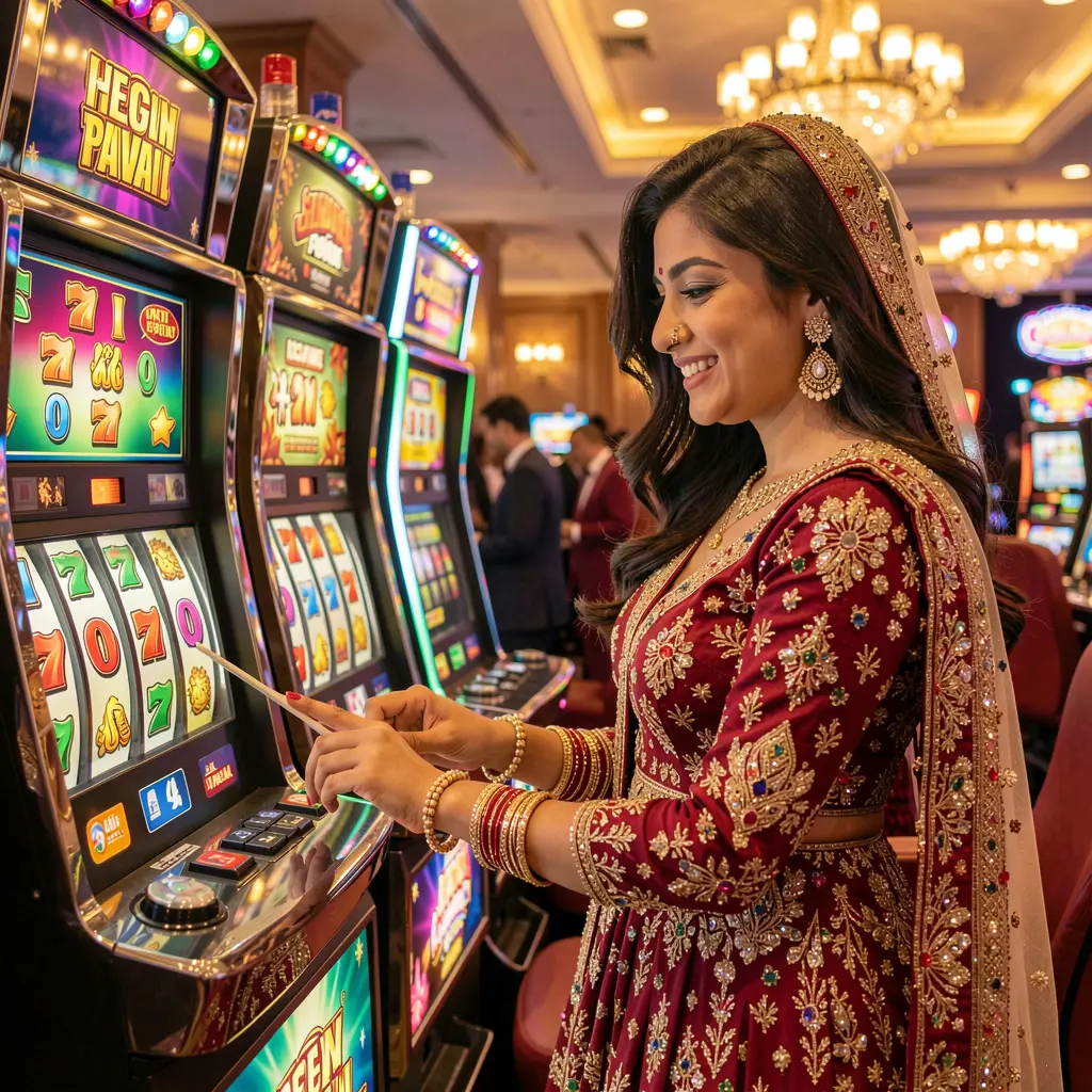 Stylish female player surrounded by vibrant casino lights near slot machines reflecting the premium gaming atmosphere of KASH777 in Bangladesh